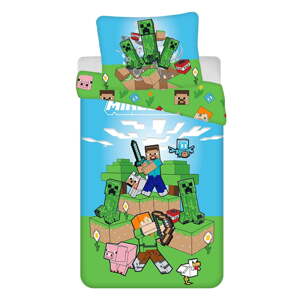 Zeleno-modré bavlnené detské obliečky na jednolôžko 140x200 cm Minecraft "Outdoor Mobs" – Jerry Fabrics